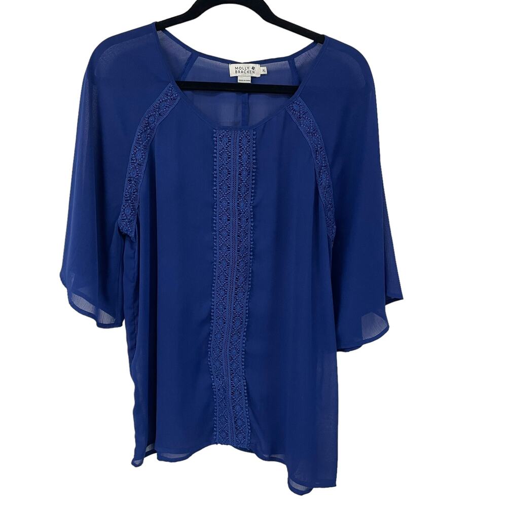Molly Bracken 3/4 Bell Sleeve Royal Blue Sheer Lace Accent Top Women's XL